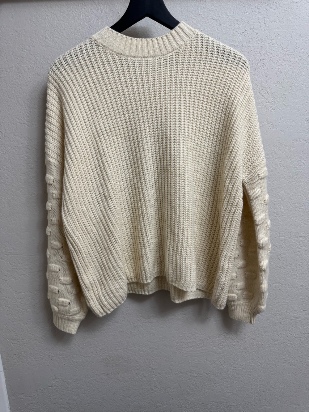 Cream Textured Crewneck Sweater with Bubble-Sleeve Detail - Picture 2 of 8